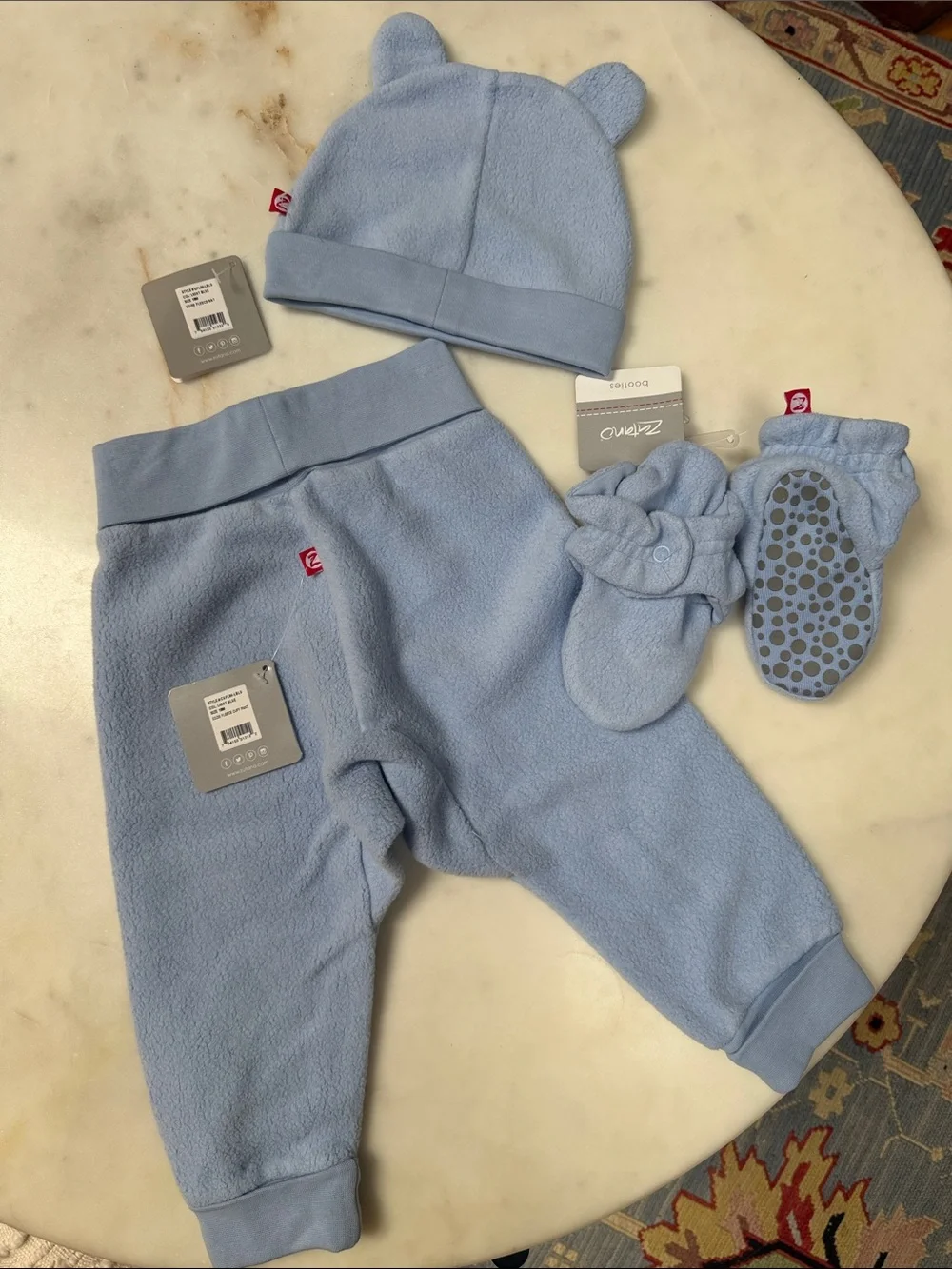 Zutano bundle Light Blue Fleece Hat, Pants & Gripper Mittens Set